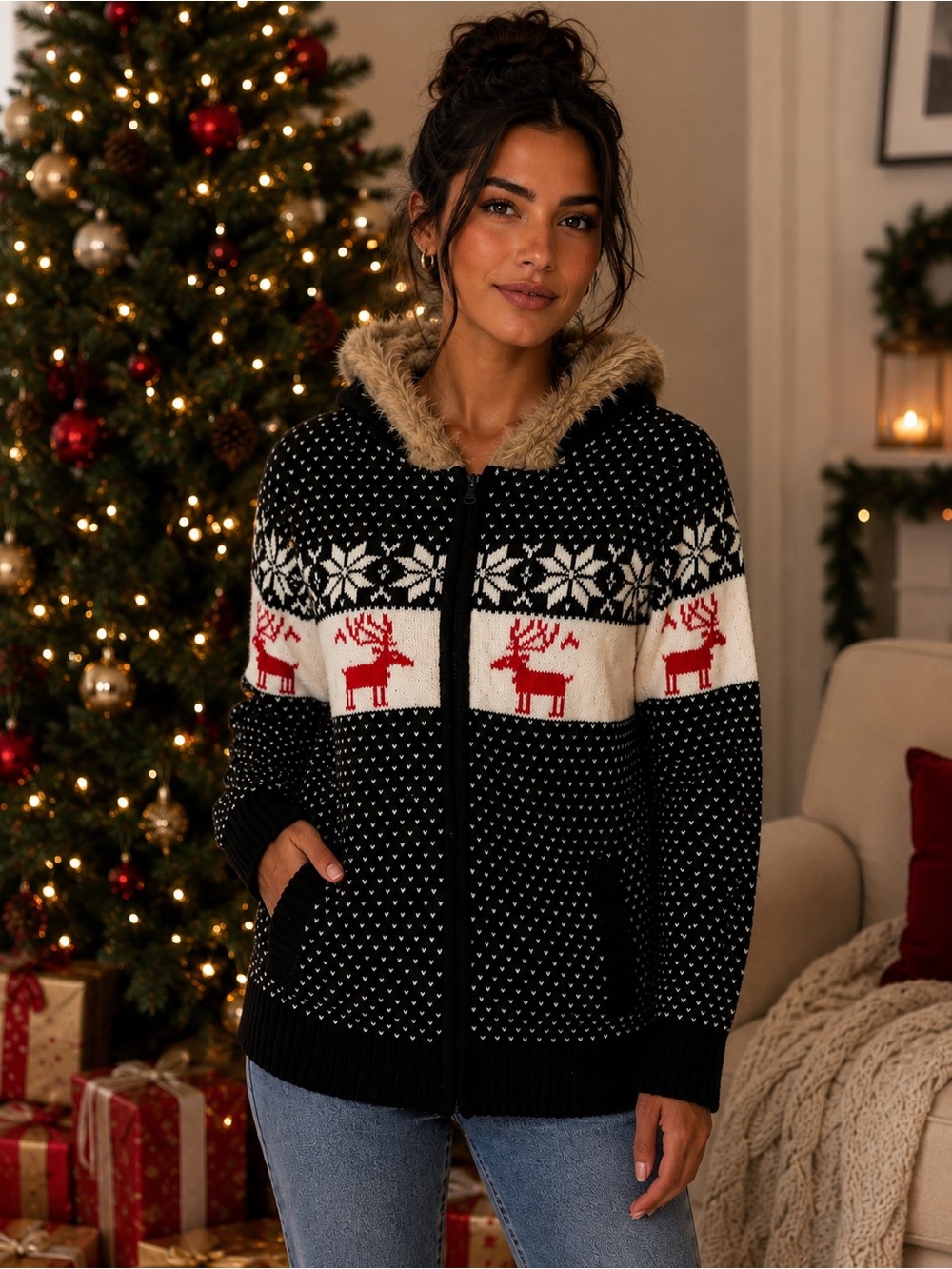 Ardene Black, White & Red Reindeer Zip-Up Sweater with Faux Fur Hood